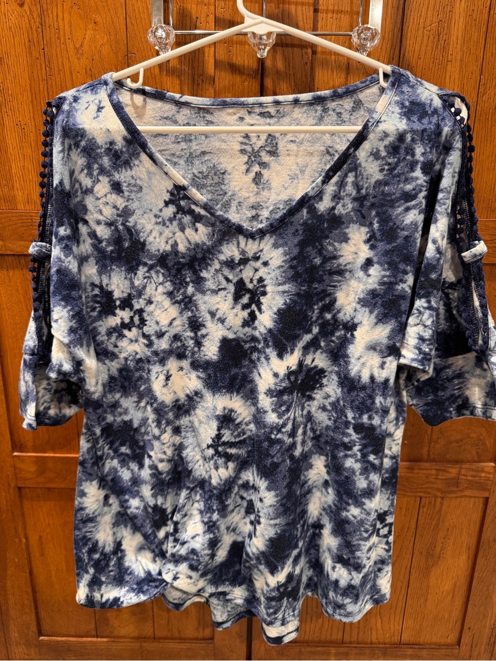 Women’s Navy Tie-Dye V-Neck Top with Crochet Sleeve Detail